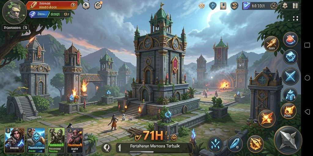 Screenshot gameplay yang menampilkan strategi pertahanan menara yang intens.
