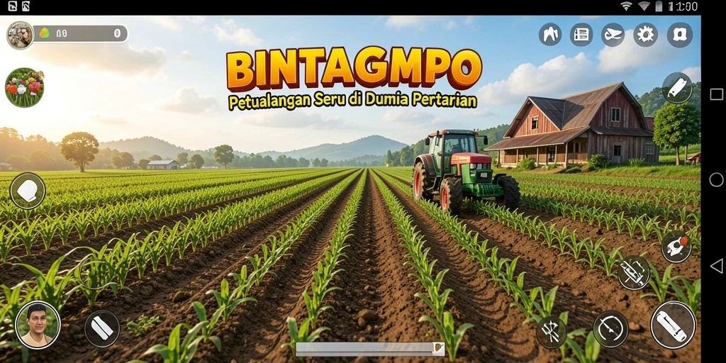 Tangkapan layar gameplay BINTANGMPO yang menampilkan ladang yang subur dan potret tanaman.
