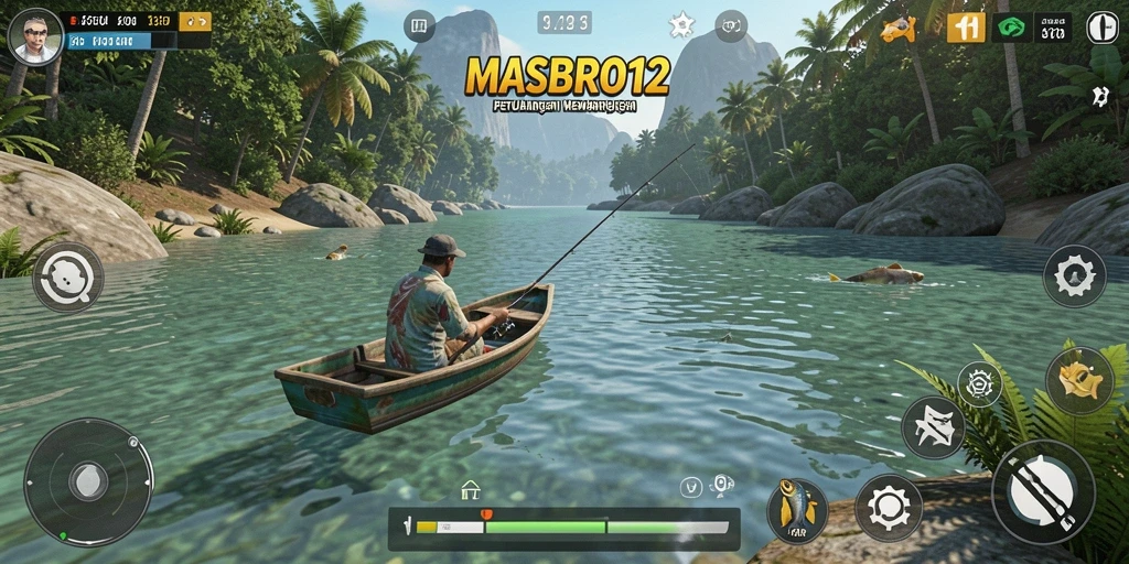 Screenshot gameplay MASBRO12 menampilkan sesi memancing yang seru dan berwarna.