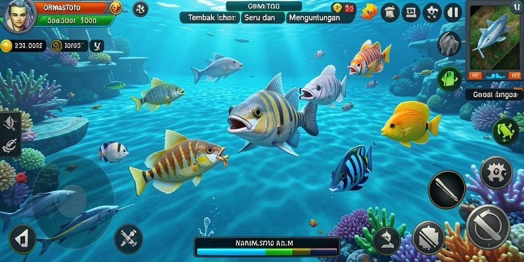 Tampilan gameplay seru dengan berbagai jenis ikan yang bisa ditembak.