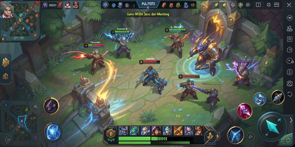 Screenshot gameplay MOBA PULITOTO yang menampilkan aksi pertarungan tim.