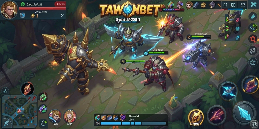 Screenshot menunjukkan pertarungan intens dalam game MOBA TAWONBET.